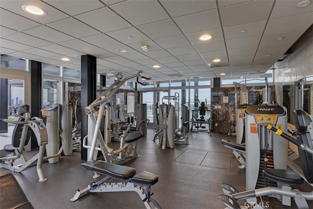 workout area with a drop ceiling and a wall of windows