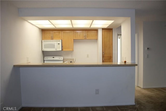 kitchen featuring kitchen peninsula, dark colored carpet, and range