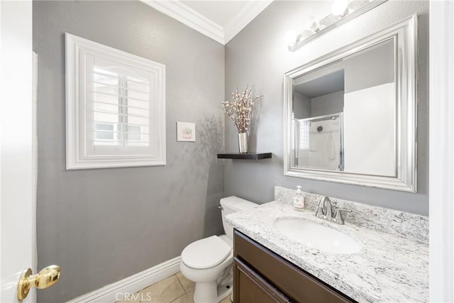 bathroom with toilet, crown molding, vanity, a shower, and tile patterned floors