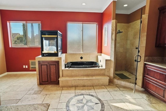 bathroom with vanity, crown molding, and plus walk in shower