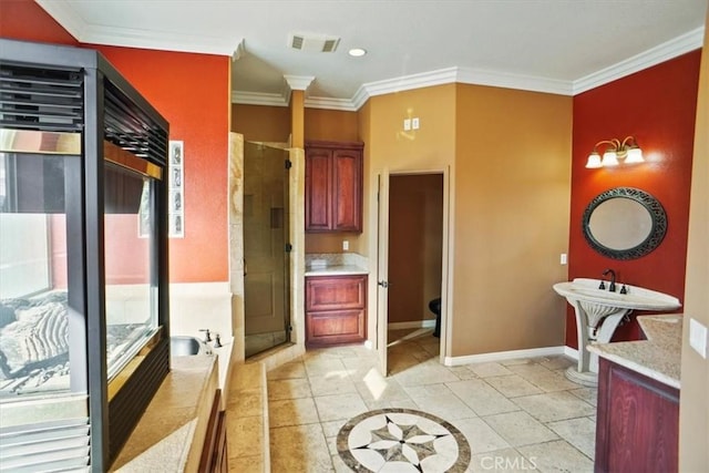 bathroom with separate shower and tub, vanity, and ornamental molding