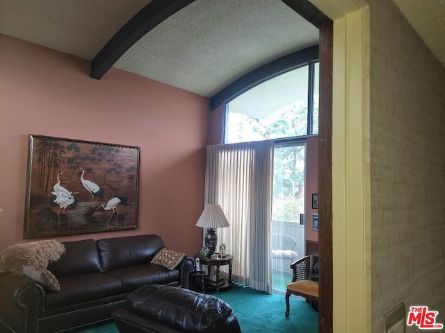 carpeted living room with vaulted ceiling with beams and plenty of natural light