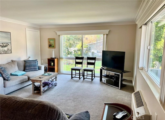 living room with carpet, a wall mounted air conditioner, ornamental molding, and heating unit