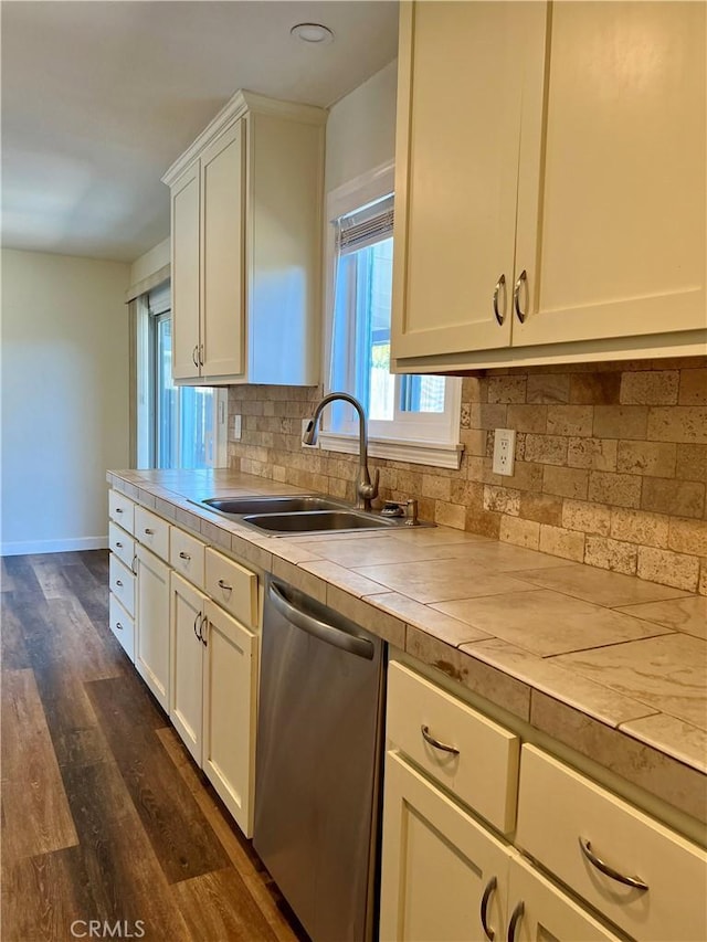 kitchen with sink, dark hardwood / wood-style flooring, stainless steel dishwasher, backsplash, and white cabinets