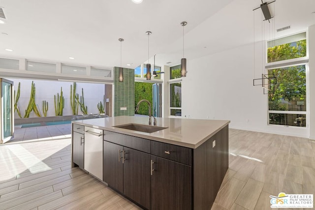 kitchen featuring dark brown cabinets, sink, a kitchen island with sink, and a wealth of natural light