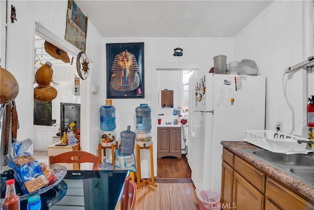 kitchen with light wood-type flooring, white refrigerator, and sink