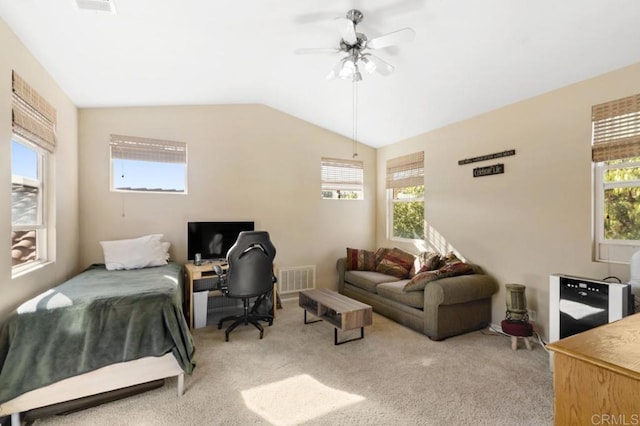 bedroom featuring carpet, ceiling fan, and lofted ceiling