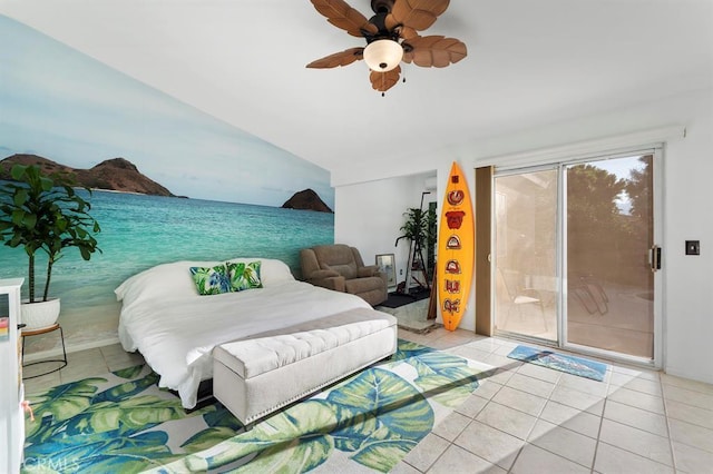 tiled bedroom with access to outside, vaulted ceiling, and ceiling fan