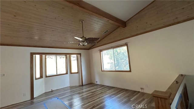 unfurnished room featuring hardwood / wood-style flooring, lofted ceiling with beams, ceiling fan, and wood ceiling