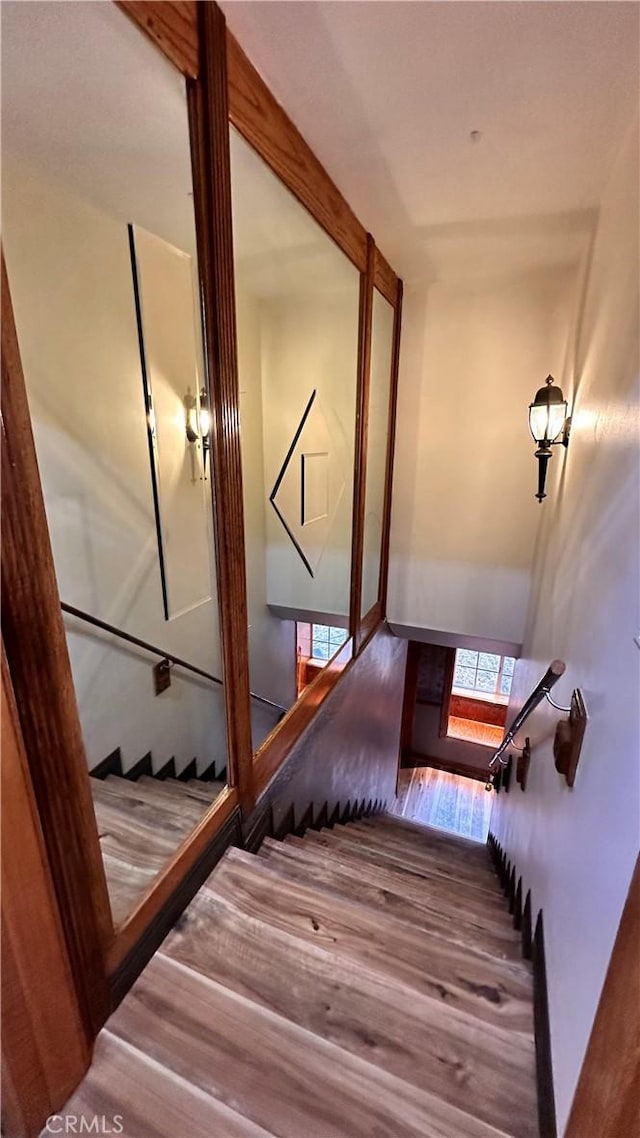 stairs featuring wood-type flooring