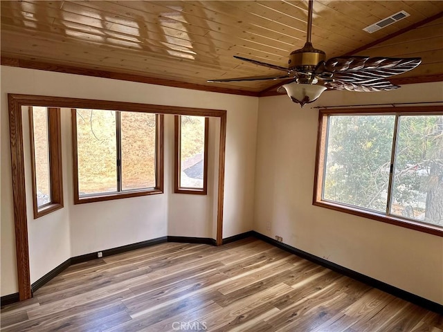 unfurnished room with light hardwood / wood-style flooring, plenty of natural light, and wood ceiling