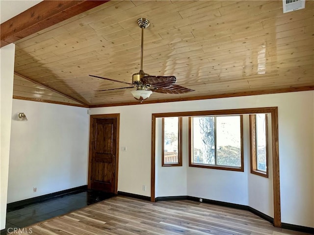 empty room with ceiling fan, hardwood / wood-style floors, wooden ceiling, and vaulted ceiling