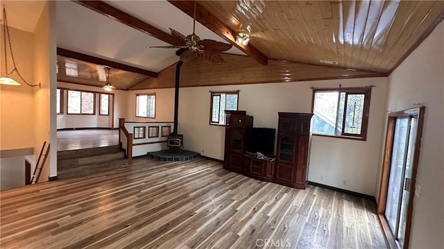 unfurnished living room featuring hardwood / wood-style flooring, a wood stove, and a wealth of natural light