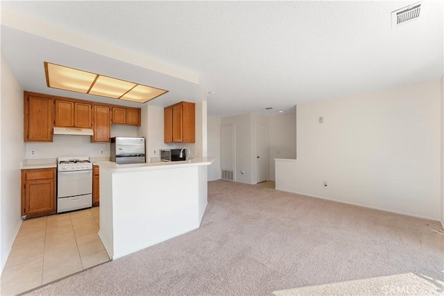 kitchen featuring light carpet, appliances with stainless steel finishes, and a center island