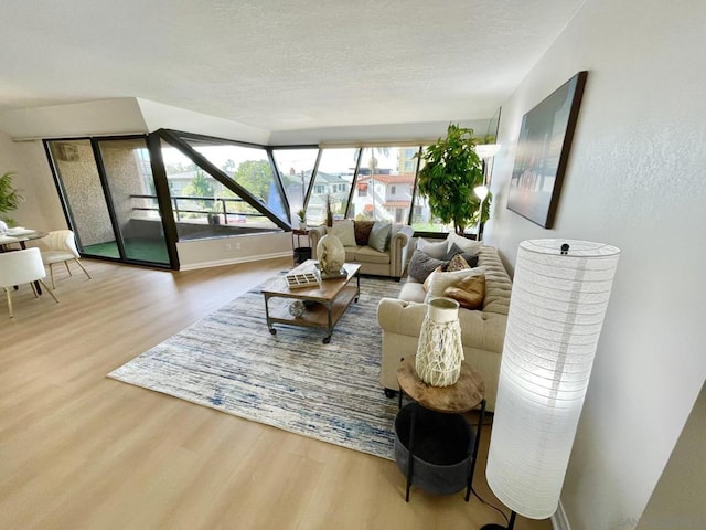 living room with hardwood / wood-style flooring and a textured ceiling