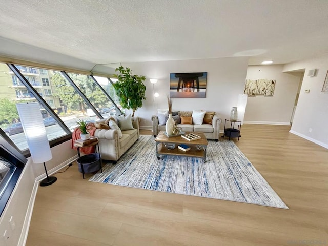 living room with a textured ceiling and light hardwood / wood-style flooring