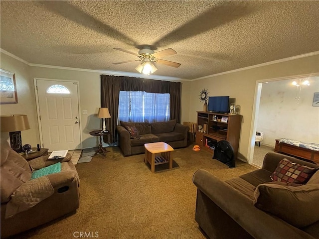 carpeted living room with ceiling fan, ornamental molding, and a textured ceiling