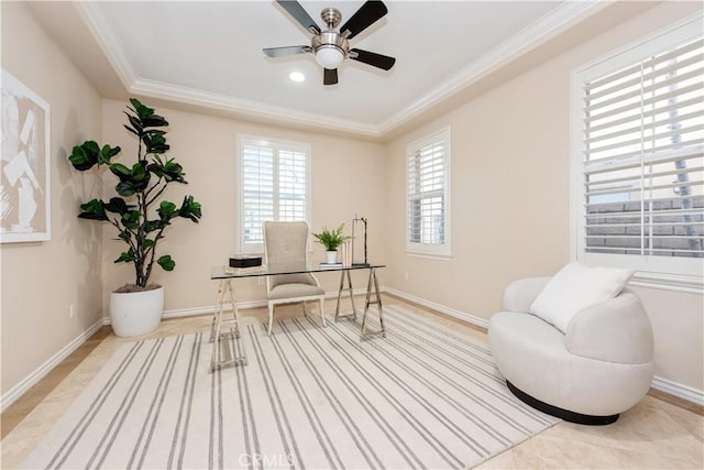 office area with ceiling fan, light tile patterned flooring, a raised ceiling, and crown molding