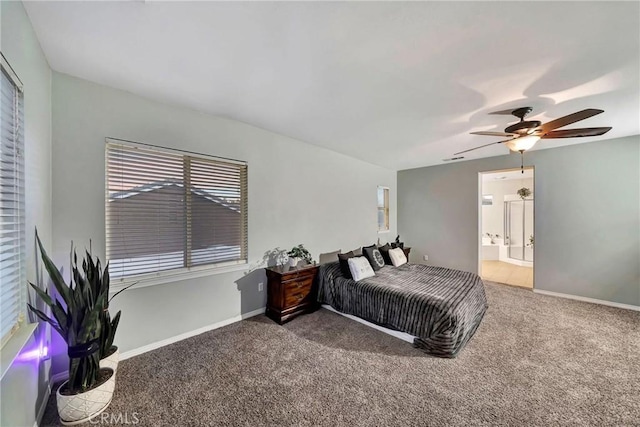 bedroom featuring connected bathroom, ceiling fan, and carpet