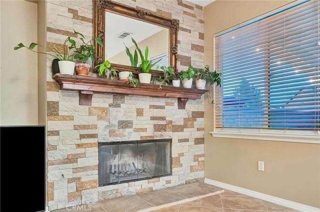 room details with a stone fireplace