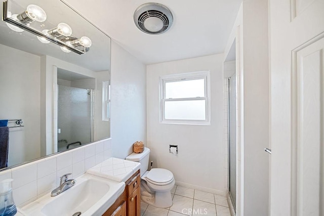 bathroom featuring backsplash, an enclosed shower, vanity, tile patterned flooring, and toilet