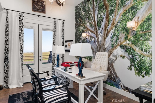 home office featuring french doors and dark hardwood / wood-style floors