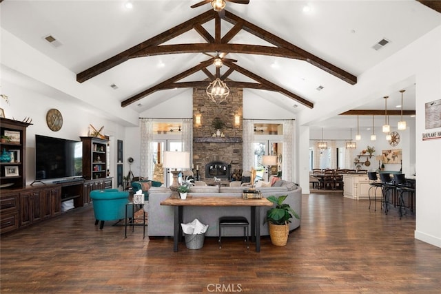 living room featuring ceiling fan, dark hardwood / wood-style floors, beam ceiling, and high vaulted ceiling