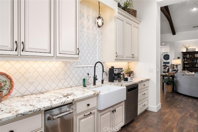 kitchen featuring dishwasher, sink, dark hardwood / wood-style floors, decorative backsplash, and beam ceiling