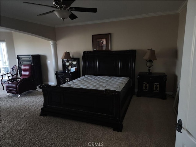 bedroom featuring carpet, decorative columns, ceiling fan, and crown molding