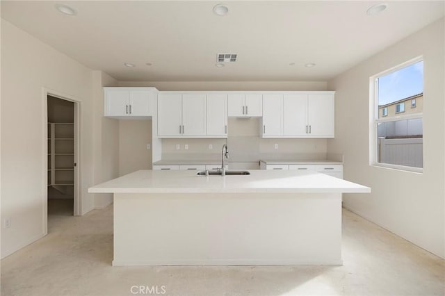 kitchen with white cabinets, sink, and a kitchen island with sink