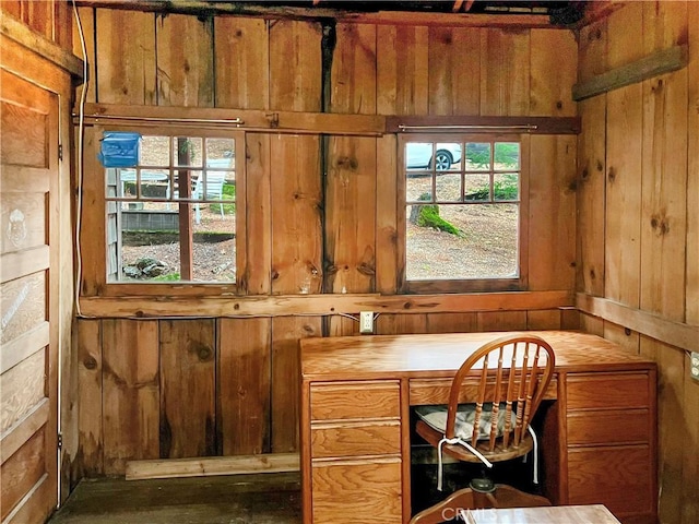 office space featuring a wealth of natural light and wooden walls