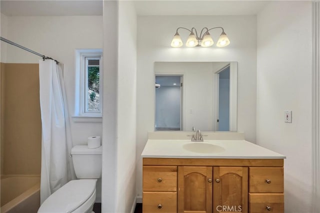 full bathroom with vanity, toilet, and shower / bathtub combination with curtain