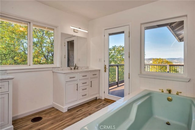 bathroom with hardwood / wood-style floors, vanity, a tub to relax in, and plenty of natural light