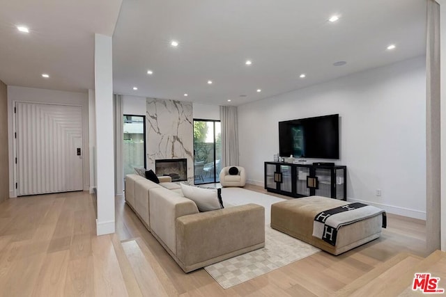 living room with a fireplace and light hardwood / wood-style flooring