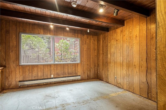 spare room featuring wood walls, plenty of natural light, beamed ceiling, and a baseboard radiator