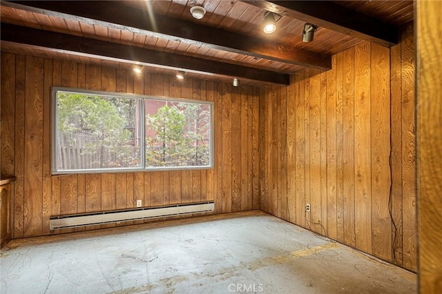 31413 Overhill Dr, Running Springs, CA 92382 - spare room featuring baseboard heating, a wood ceiling with exposed beams, and wooden walls