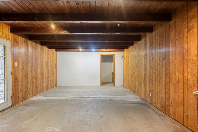 basement with wooden ceiling and wood walls