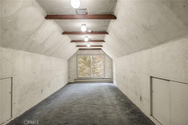 bonus room with carpet flooring, vaulted ceiling with beams, and a baseboard radiator