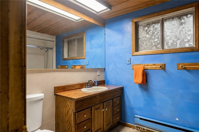 bathroom with vanity, wooden ceiling, a shower with shower curtain, toilet, and a baseboard radiator