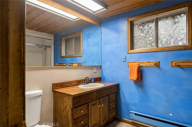 31413 Overhill Dr, Running Springs, CA 92382 - bathroom with baseboard heating, vanity, wooden ceiling, and curtained shower