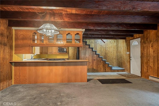 31413 Overhill Dr, Running Springs, CA 92382 - indoor bar with stainless steel microwave, a wood ceiling with exposed beams, wooden walls, carpet floors, and stairs