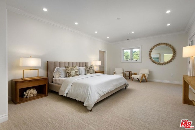 bedroom featuring light colored carpet and ornamental molding