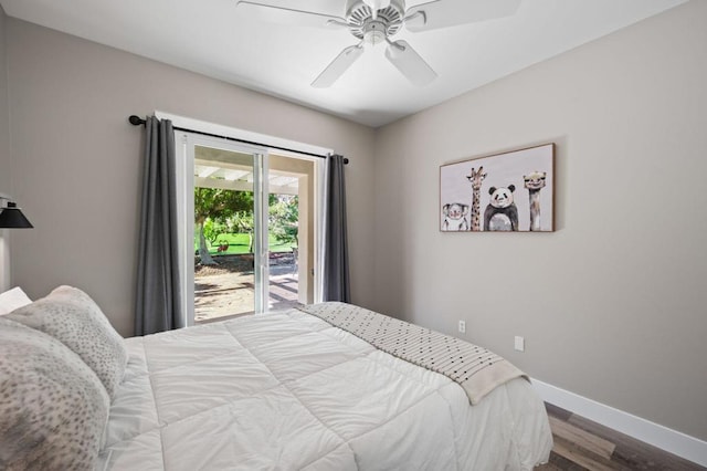 bedroom featuring access to exterior, ceiling fan, and hardwood / wood-style floors