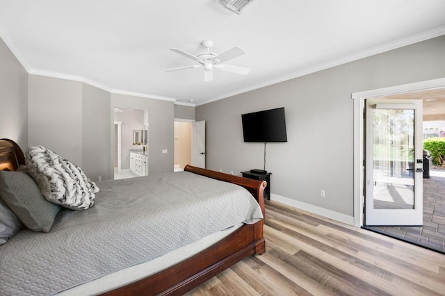 bedroom featuring ensuite bath, access to outside, ceiling fan, crown molding, and light hardwood / wood-style floors