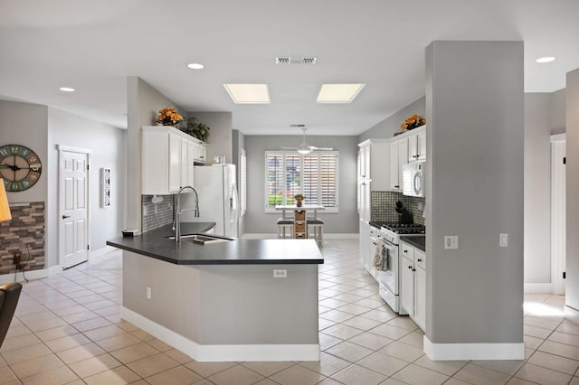 kitchen featuring kitchen peninsula, decorative backsplash, white appliances, sink, and white cabinets