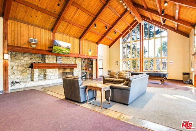 living room with high vaulted ceiling, a fireplace, beamed ceiling, and wooden ceiling