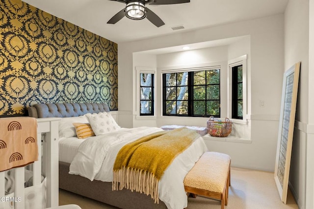 bedroom featuring carpet and ceiling fan