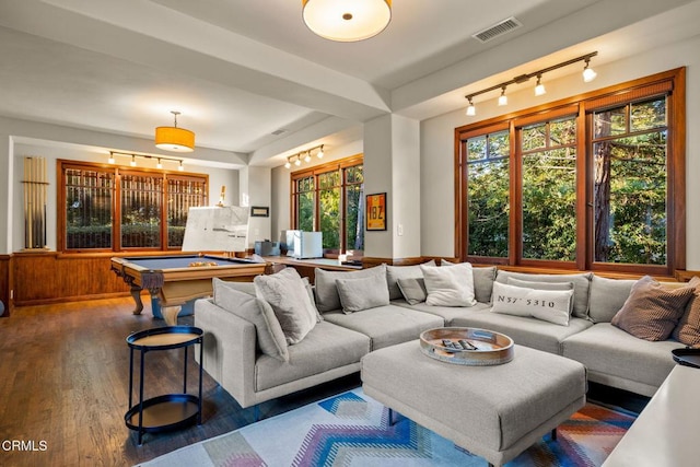 living room with plenty of natural light, dark hardwood / wood-style floors, and billiards