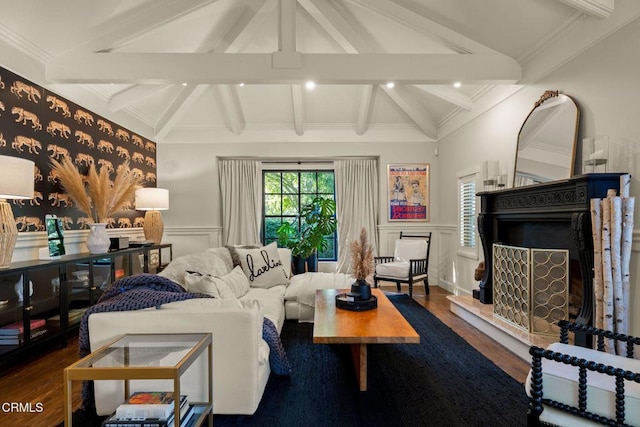 living room with lofted ceiling with beams, crown molding, and dark wood-type flooring