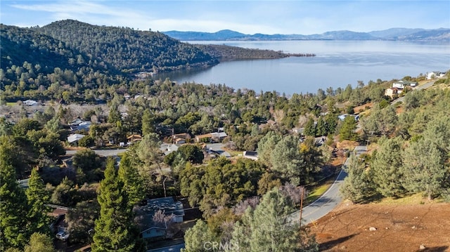 drone / aerial view featuring a water and mountain view